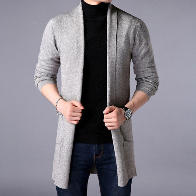 Men’s Knitted Long Cardigan Open Front Relaxed Fit Ribbed Trim