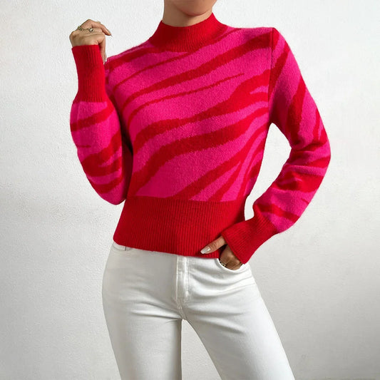 Women's Knitted Sweater Zebra Pattern Semi-High Neck Regular Fit Ribbed Hem