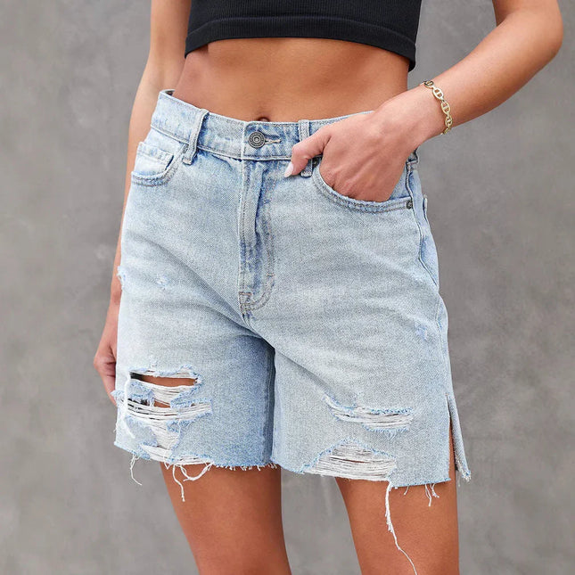 Women's Distressed Denim Shorts with Frayed Hem and Side Slits