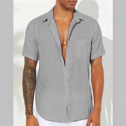 Men's Short Sleeve Casual Shirt Cotton Blend Vertical Stripes