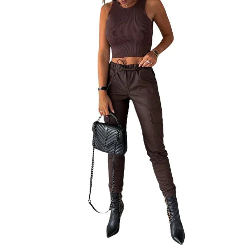Women's Tapered Leg Faux Leather Trousers with High Waist and Zippered Ankle Detail