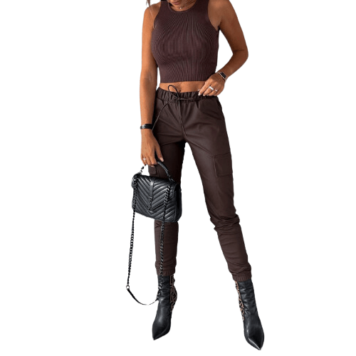 Women's Faux Leather High-Waisted Trousers with Tapered Leg and Zippered Ankle Detail