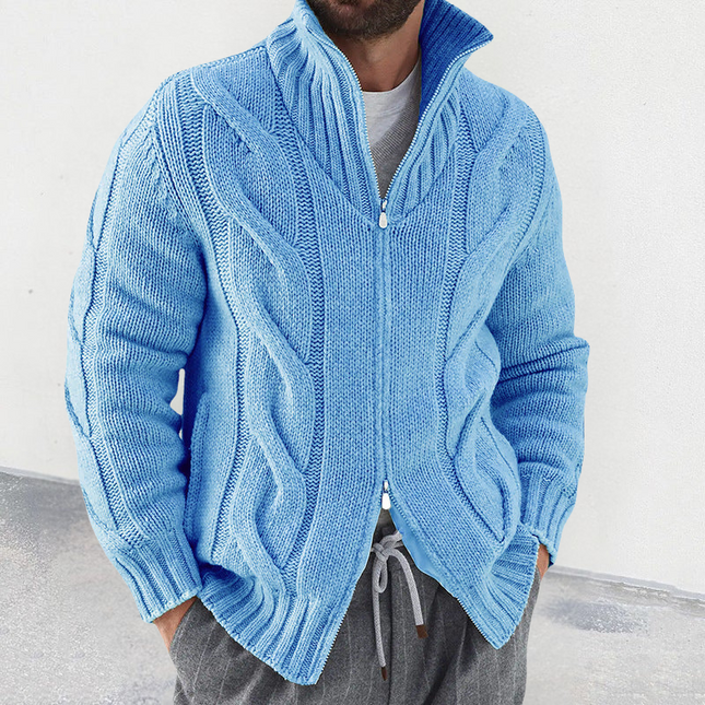 Men’s Wool Blend Knit Cardigan with High Neck and Cable Sleeves