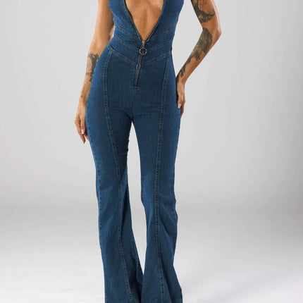 Women's Flare Denim Jumpsuit Deep V-Neck