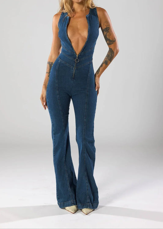 Women's Flare Denim Jumpsuit Deep V-Neck