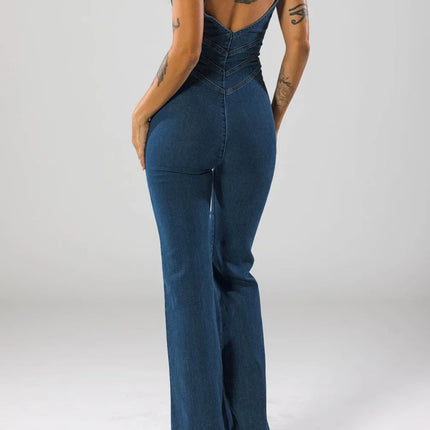 Women's Flare Denim Jumpsuit Deep V-Neck
