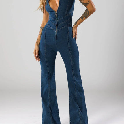 Women's Flare Denim Jumpsuit Deep V-Neck