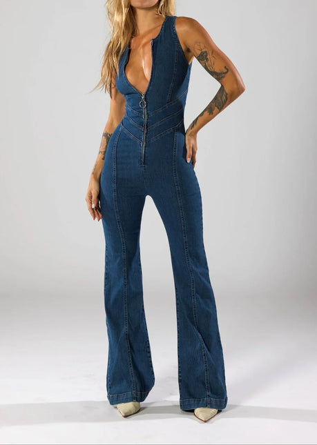 Women's Flare Denim Jumpsuit Deep V-Neck