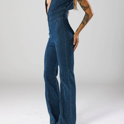 Women's Flare Denim Jumpsuit Deep V-Neck