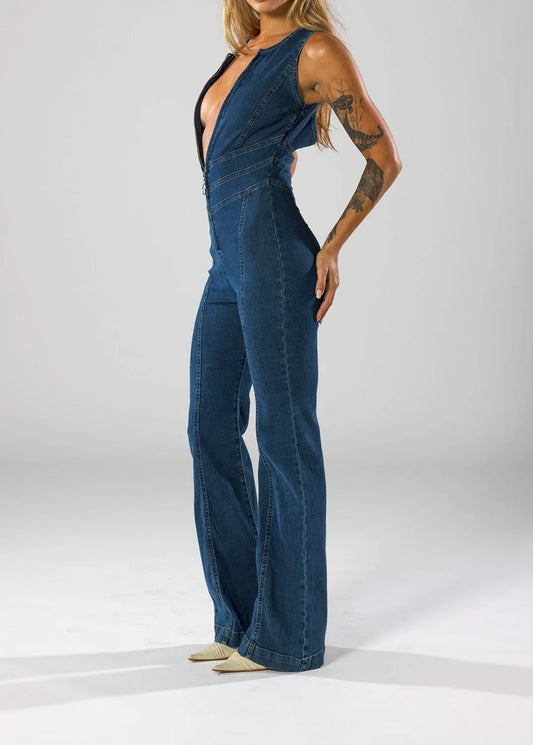 Women's Flare Denim Jumpsuit Deep V-Neck