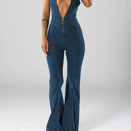 Women's Flare Denim Jumpsuit Deep V-Neck