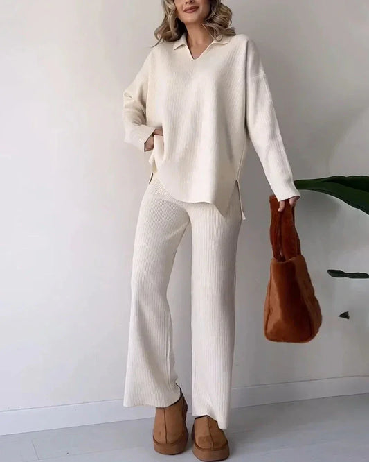 Women's Loungewear Set Soft Ribbed Knit V-Neck Top & Wide-Leg Trousers