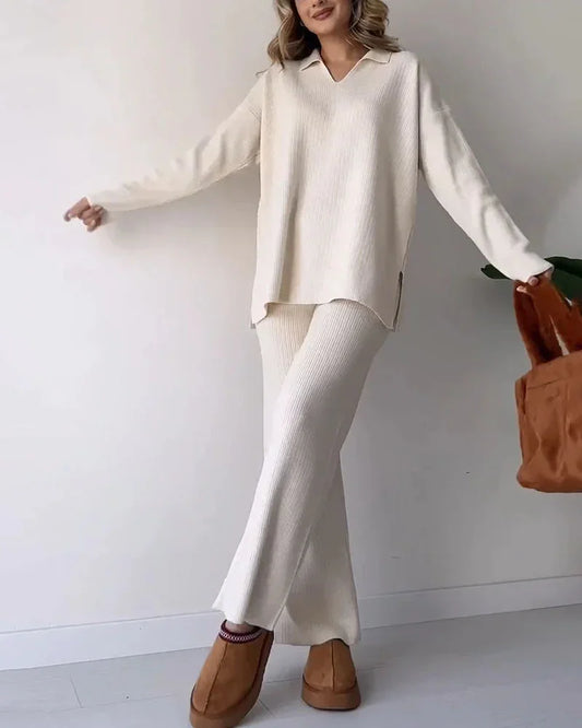 Women's Loungewear Set Soft Ribbed Knit V-Neck Top & Wide-Leg Trousers