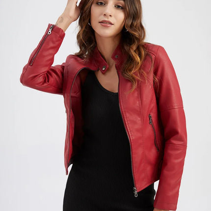 Women's Leather Jacket Fitted Design Band Collar Zip Closure