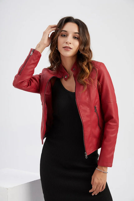 Women's Leather Jacket Fitted Design Band Collar Zip Closure