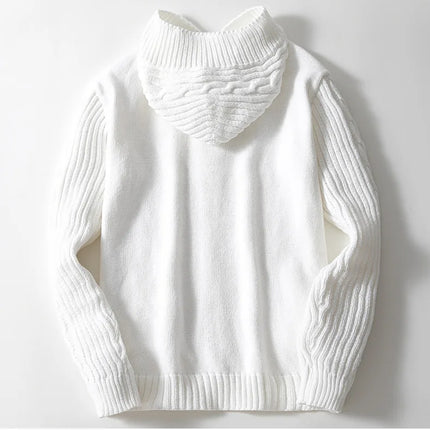 Men's Wool Knit Hooded Cardigan with Cable Pattern