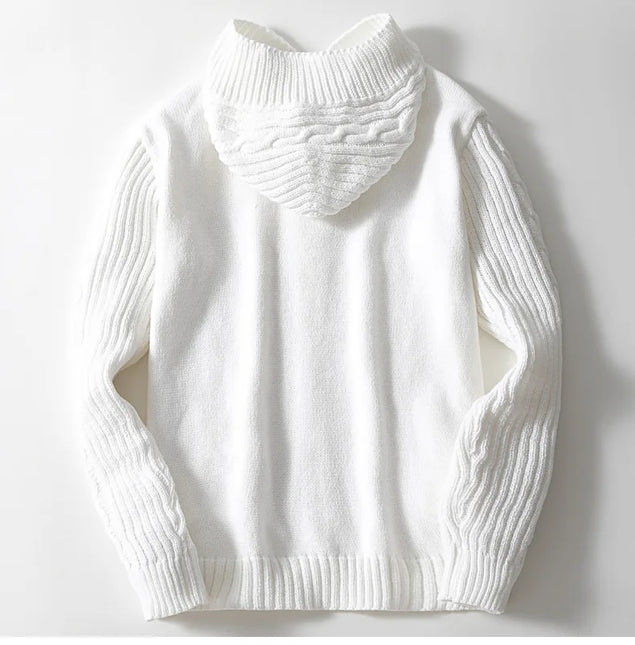 Men's Wool Knit Hooded Cardigan with Cable Pattern