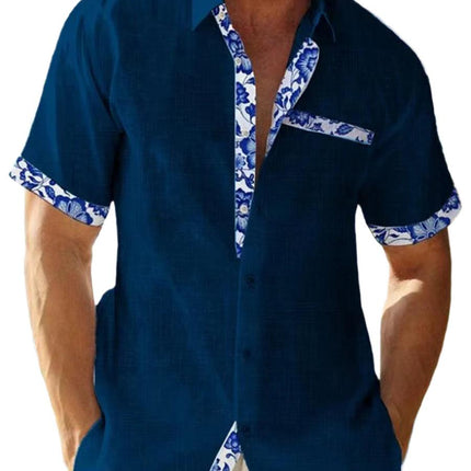 Men’s Button-Up Shirt Linen Floral Trim