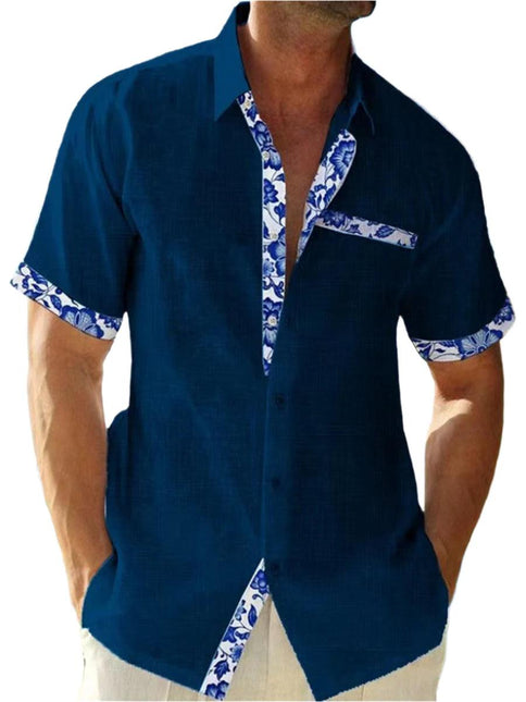 Men’s Button-Up Shirt Linen Floral Trim