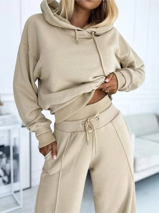 Women's Relaxed Fit Knit Lounge Set with Hoodie and Drawstring Trousers