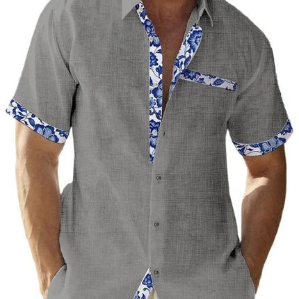 Men’s Button-Up Shirt Linen Floral Trim