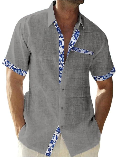 Men’s Button-Up Shirt Linen Floral Trim