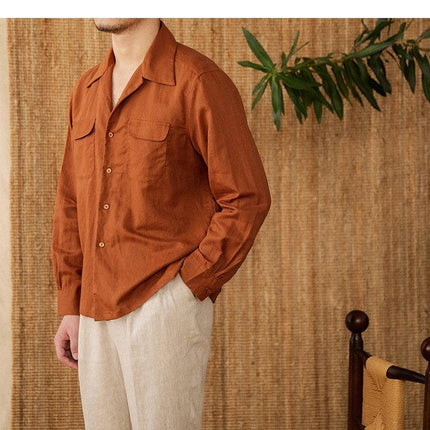 Men's Linen Button-Up Shirt with Relaxed Fit and Long Sleeves