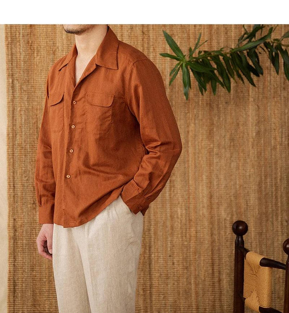 Men's Linen Button-Up Shirt with Relaxed Fit and Long Sleeves