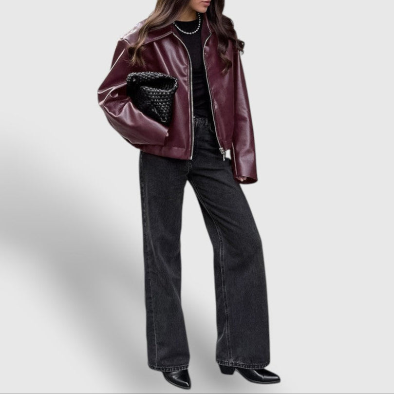 Women's Leather Jacket Zip-Up Stand Collar