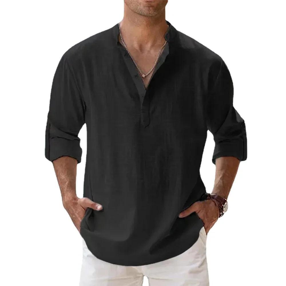 Men's Cotton Linen Henley Shirt | Short Sleeve Beachwear with Stand Collar