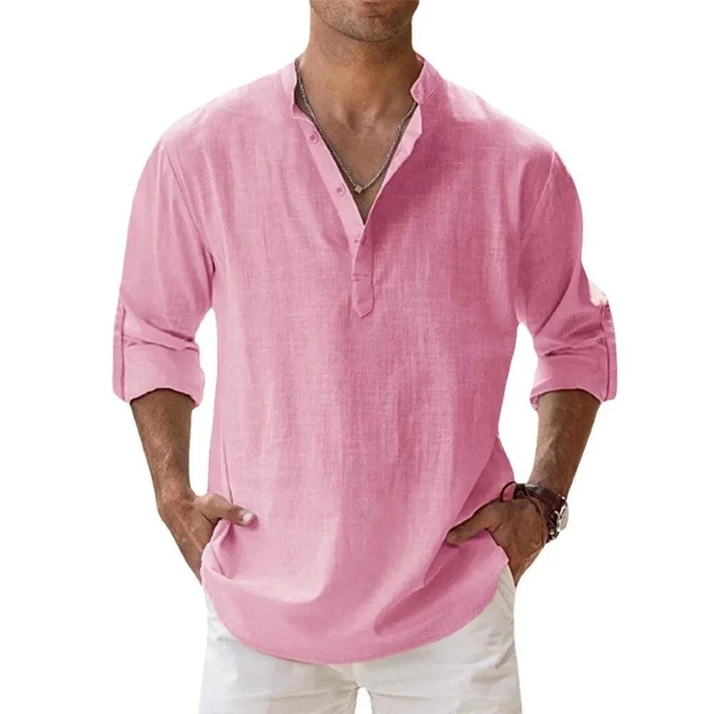 Men's Cotton Linen Henley Shirt | Short Sleeve Beachwear with Stand Collar