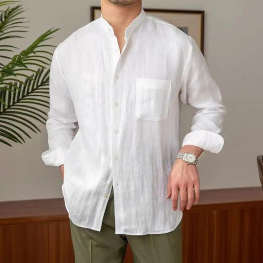 Men’s Linen Button-Up Shirt – Relaxed Fit Long Sleeve with Mandarin Collar