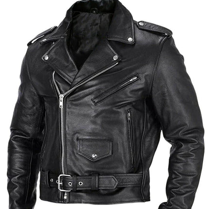 Men’s Leather Biker Jacket Asymmetrical Zip Lapel Collar Belted Waist