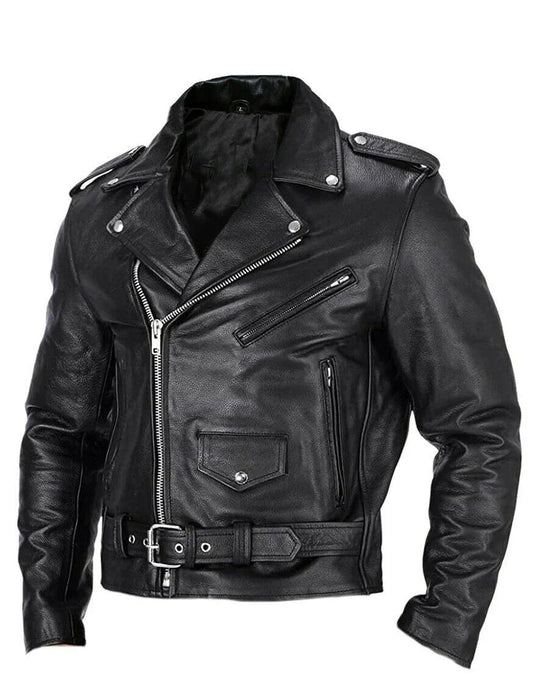 Men’s Leather Biker Jacket Asymmetrical Zip Lapel Collar Belted Waist