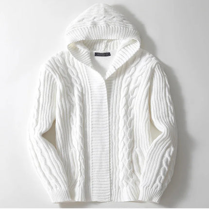 Men's Wool Knit Hooded Cardigan with Cable Pattern
