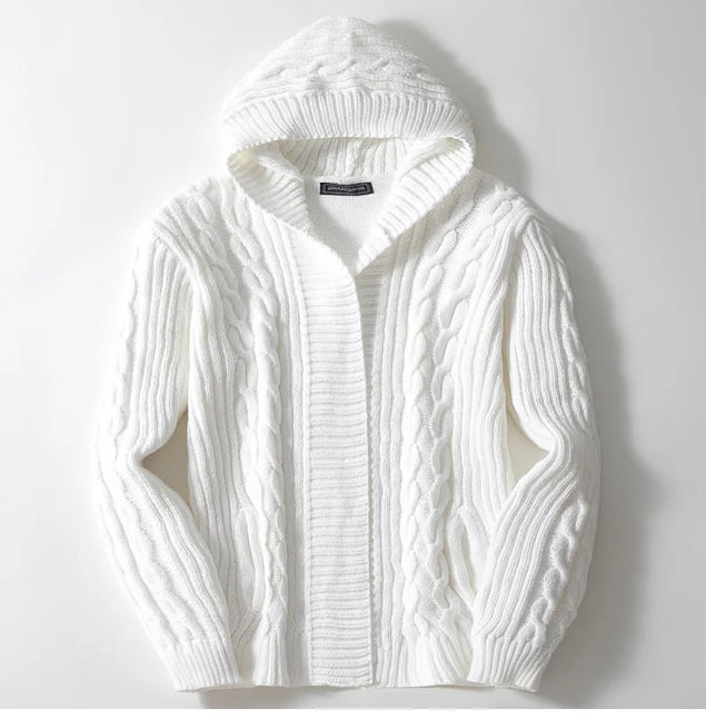 Men's Wool Knit Hooded Cardigan with Cable Pattern