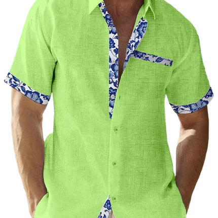Men’s Button-Up Shirt Linen Floral Trim