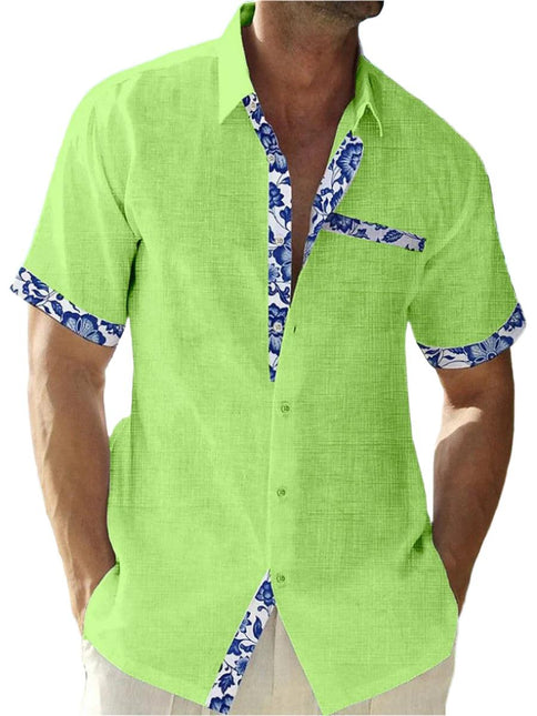 Men’s Button-Up Shirt Linen Floral Trim