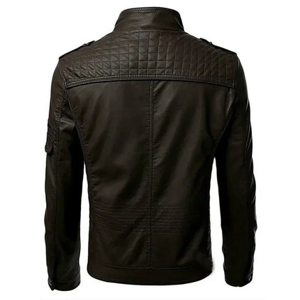 Men's Leather Jacket Stand Collar Zipper Pockets
