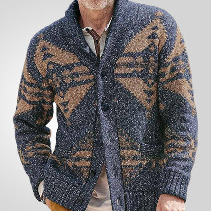 Men’s Wool Knit Cardigan Sweater with Geometric Pattern