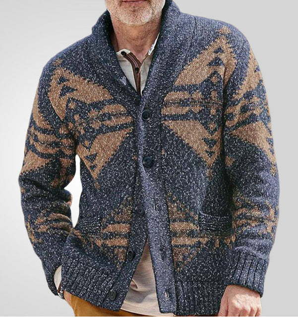 Men’s Wool Knit Cardigan Sweater with Geometric Pattern