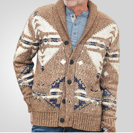 Men’s Wool Knit Cardigan Sweater with Geometric Pattern
