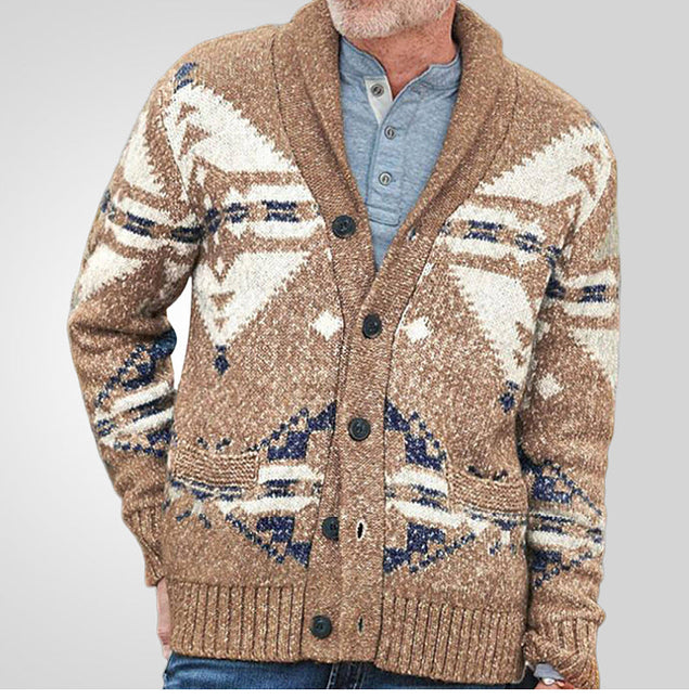 Men’s Wool Knit Cardigan Sweater with Geometric Pattern