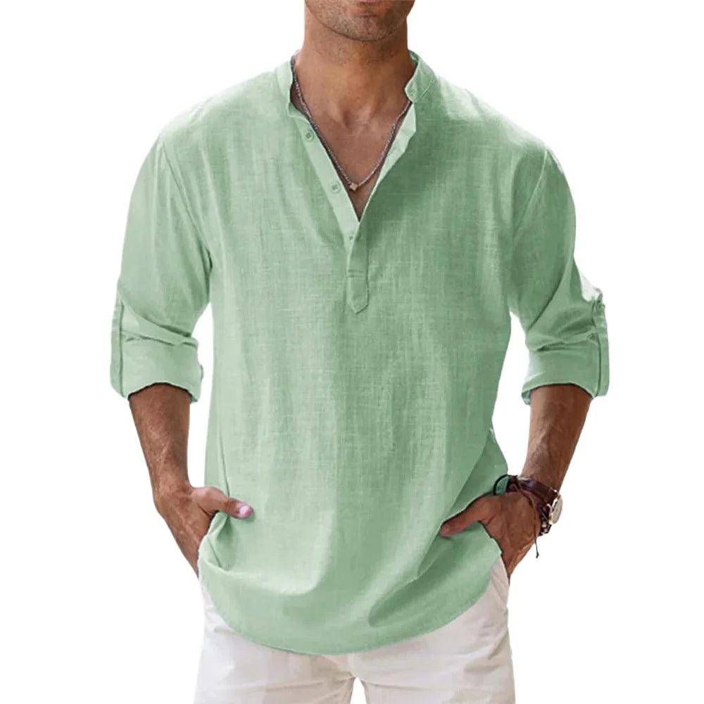 Men's Cotton Linen Henley Shirt | Short Sleeve Beachwear with Stand Collar