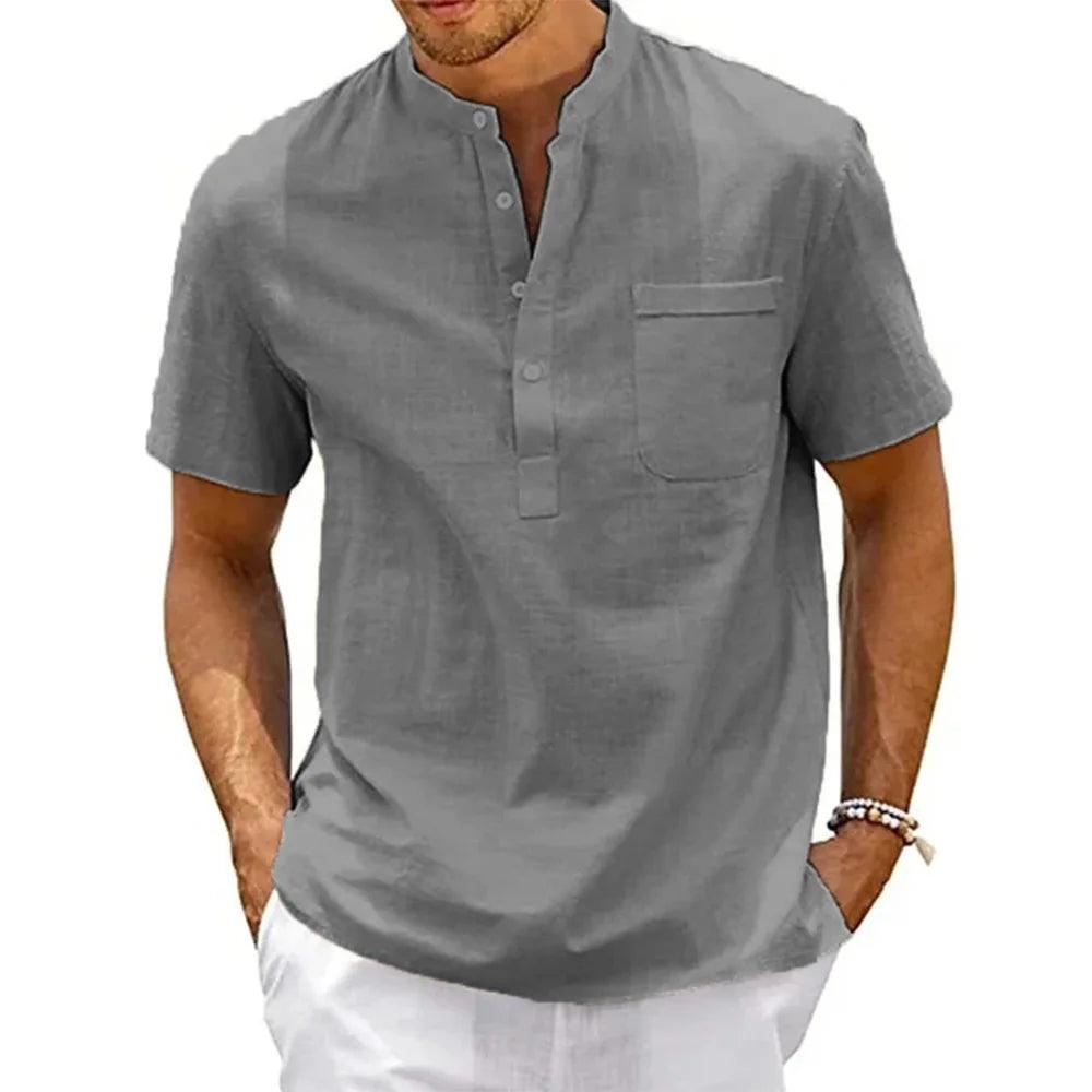DuneCraft Henley | Men’s Cotton-Linen Pocket Tee for Summer Comfort - northernnomad