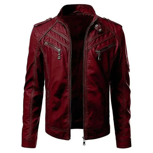 Men's Leather Jacket Stand Collar Zipper Pockets