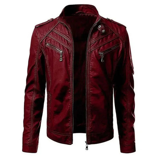 Men's Leather Jacket Stand Collar Zipper Pockets