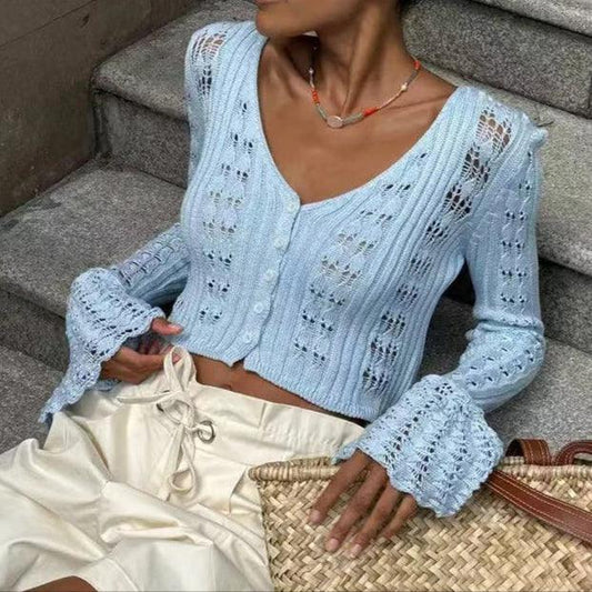 Women's Long Sleeve V Neck Crochet Cardigan