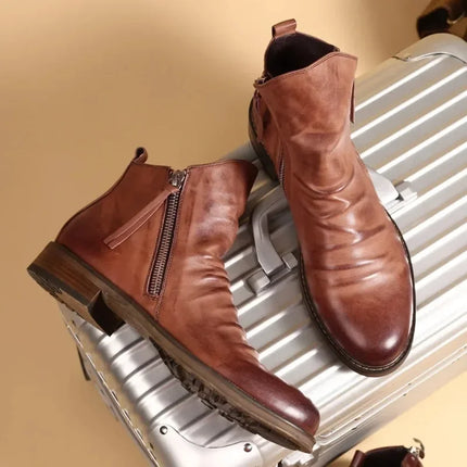 Men’s Chelsea Boots Leather-Look Side Zipper Ankle Height