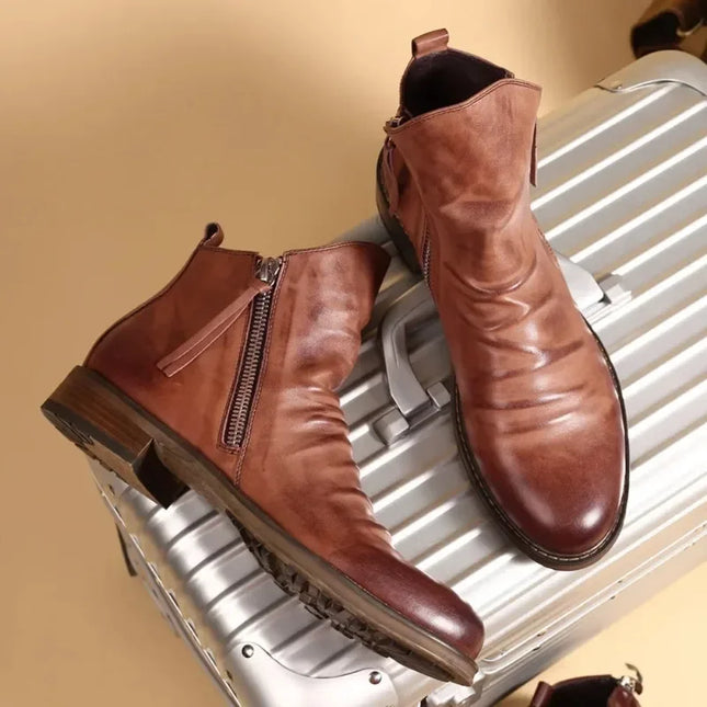 Men’s Chelsea Boots Leather-Look Side Zipper Ankle Height